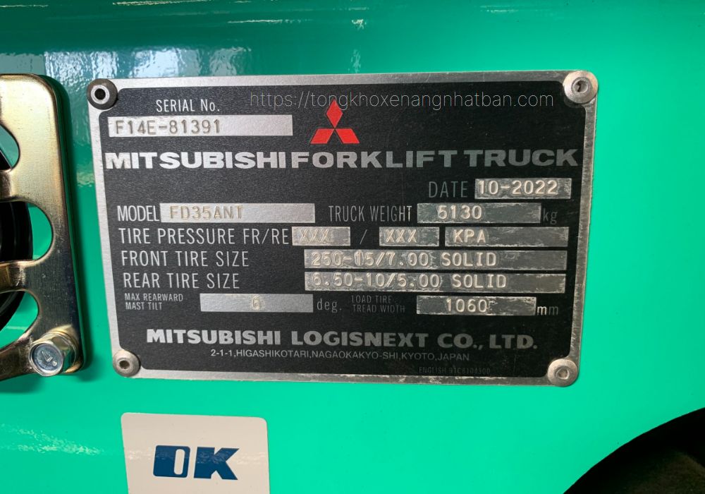 name plate thông số kỹ thuật xe nâng Mitsubishi Grendia 3.5 tấn FD35ANT