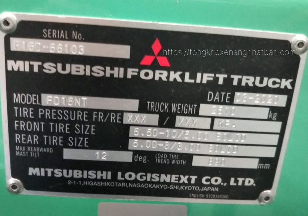 Nameplate thông số kỹ thuật xe nâng Mitsubishi Grendia 1.5 tấn - FD15NT