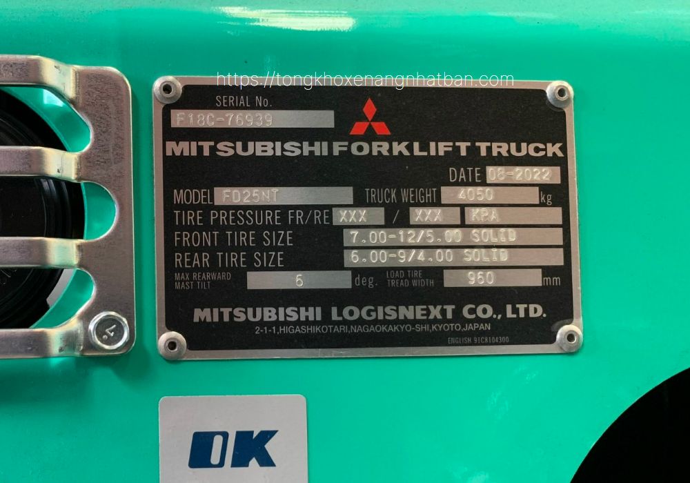 Nameplate xe nâng Mitsubishi 2.5 tấn - FD25NT