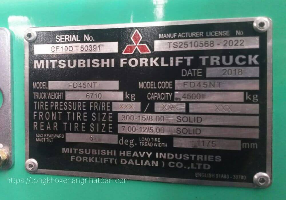Name plate xe nâng Mitsubishi 4.5 Tấn - FD45NT